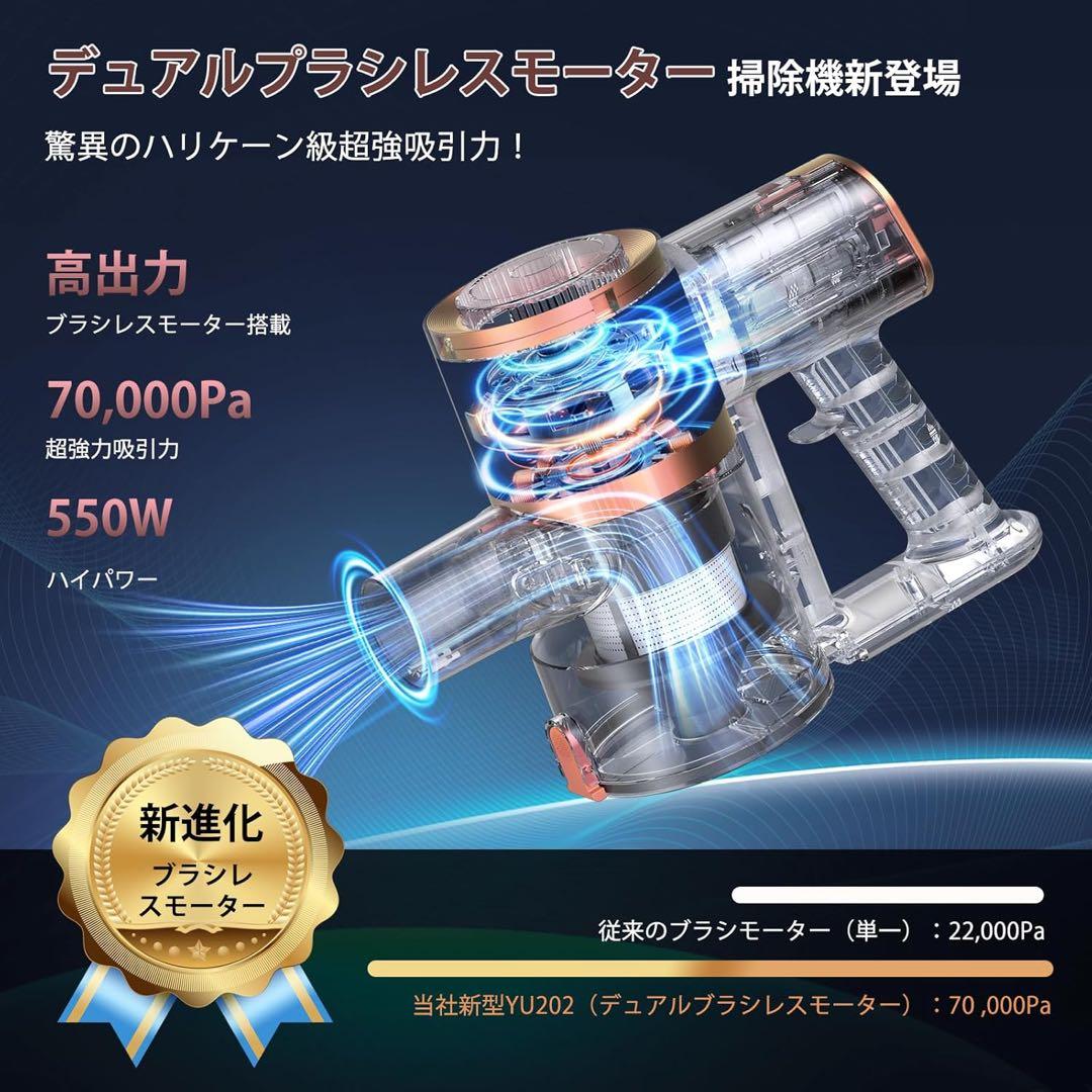 掃除機 コードレス70Kpa自立式 LEDライト＆2in1置くだけ充電スタンド